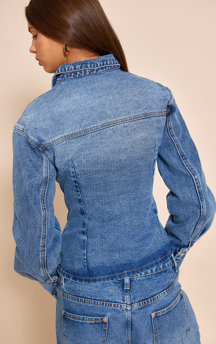 Mid Blue Wash Long Sleeve Cinch Waist Denim Jacket