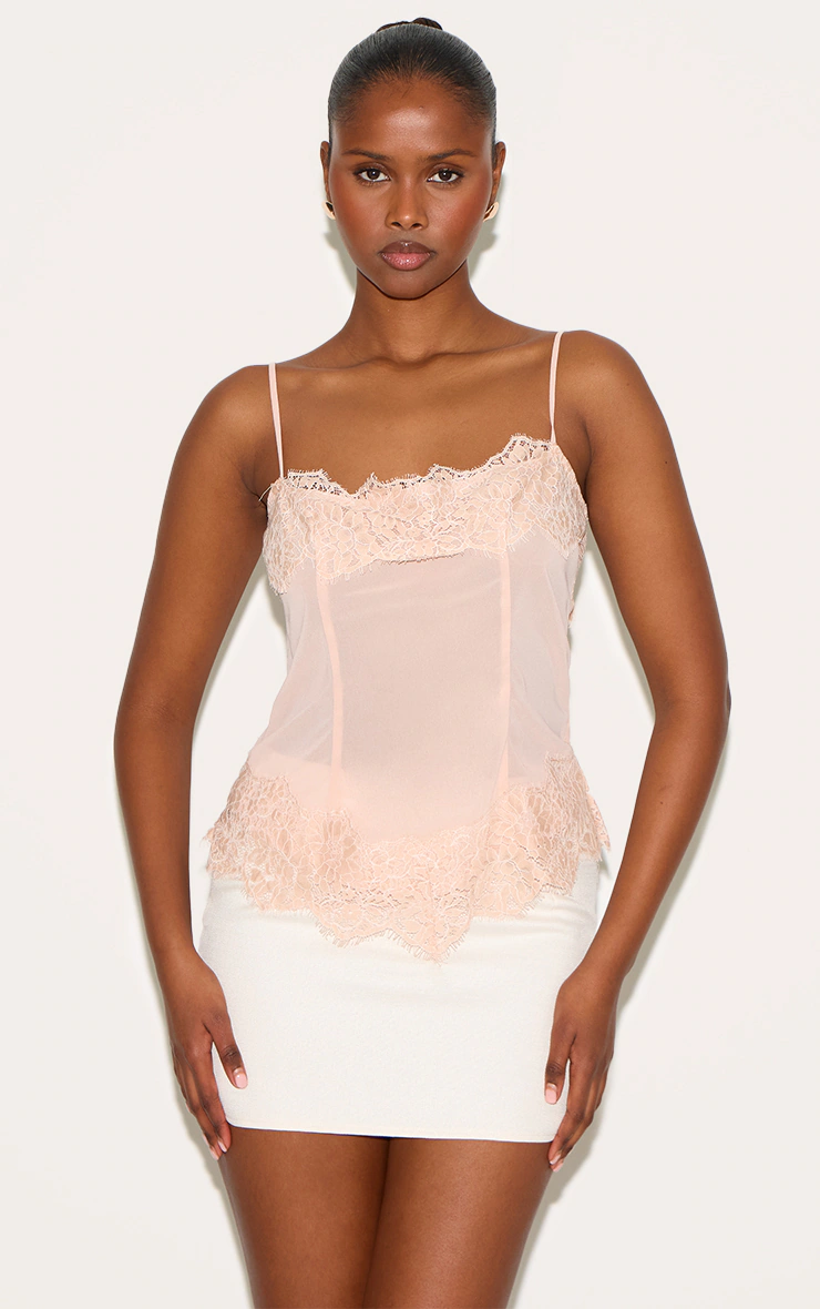 Dusky Pink Sheer Chiffon Strappy Lace Trim Cami Top