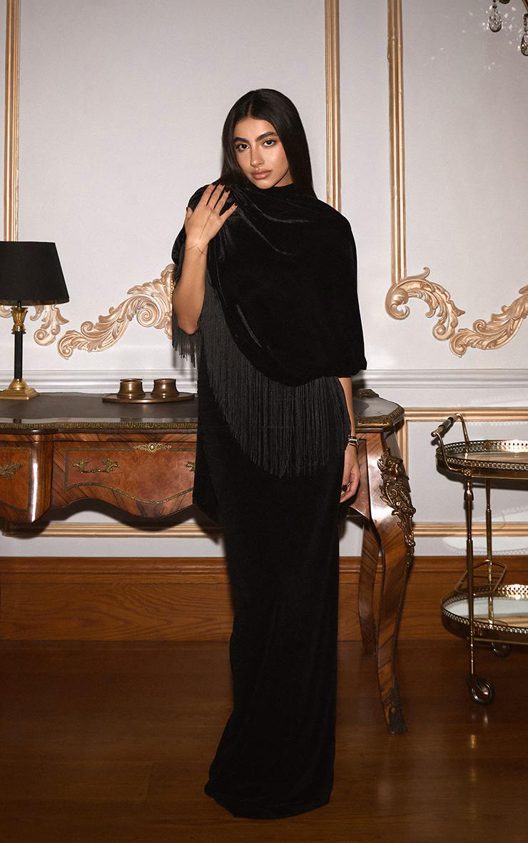 Black Velvet Extreme High Neck Ruched Maxi Dress