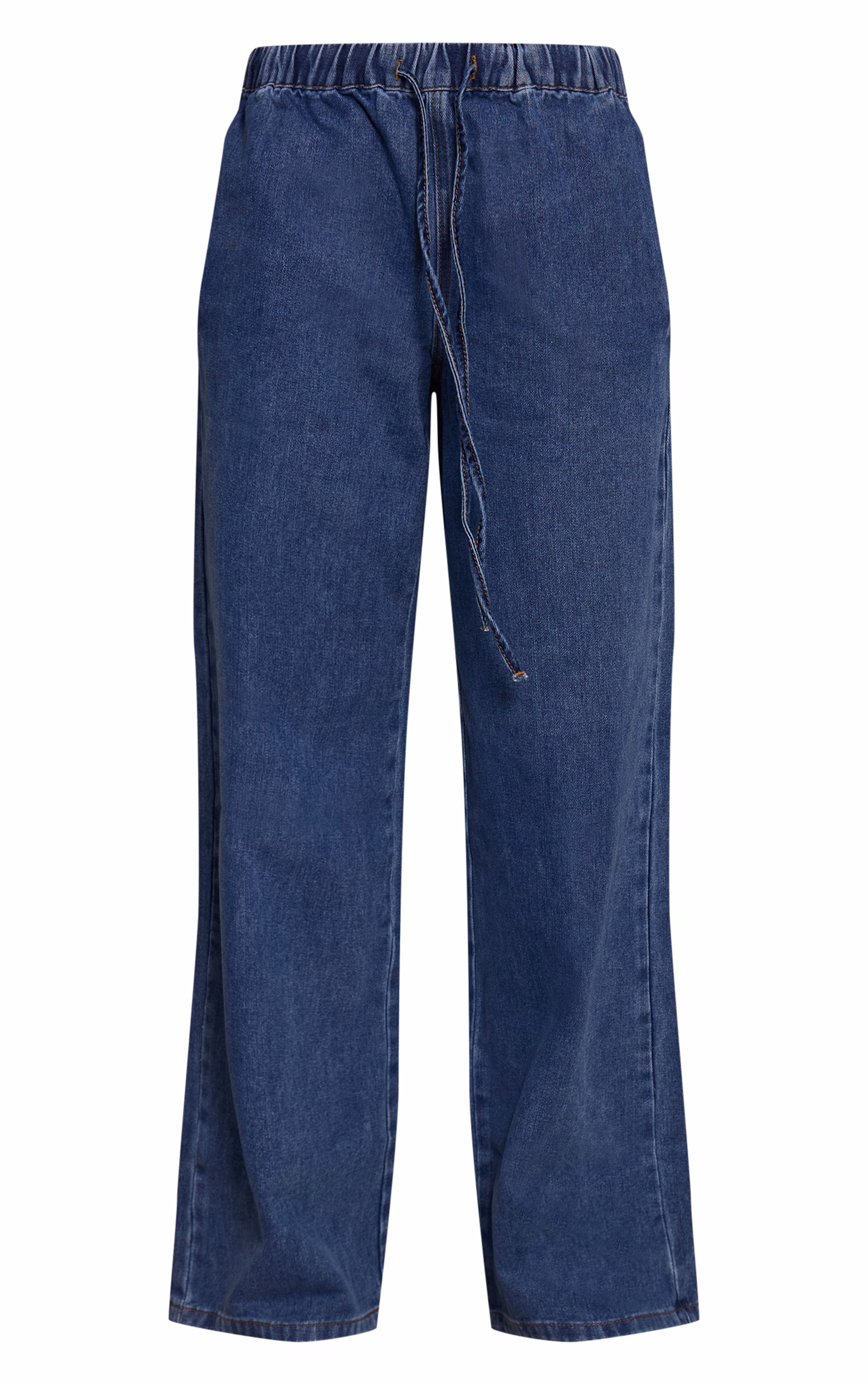 Mid Blue Relaxed Tie Waistband Wide Leg Jeans