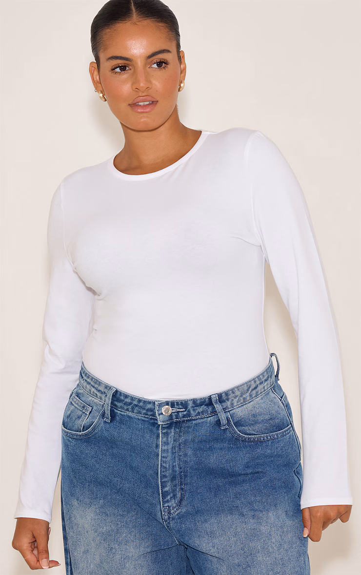 Plus White Cotton Crew Neck Long Sleeve Bodysuit