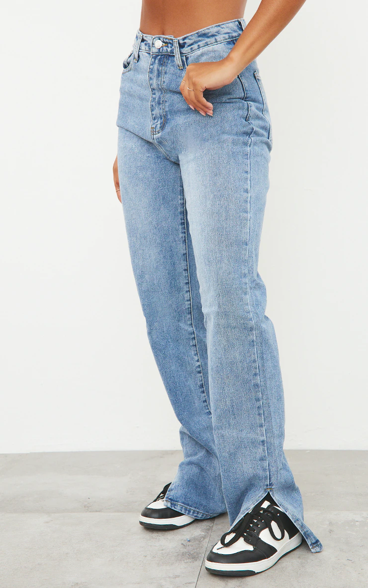 Mid Blue Wash Split Hem Straight Leg Jeans