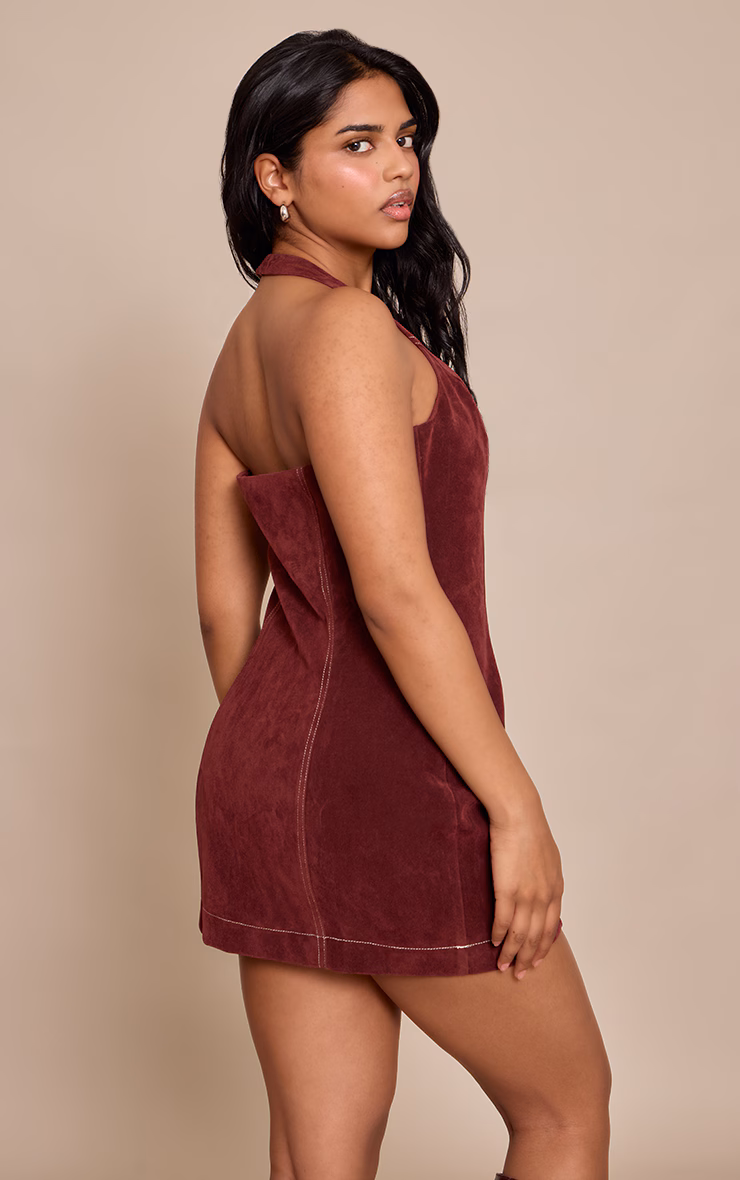 Petite Burgundy Suede Halterneck Fitted Mini Dress