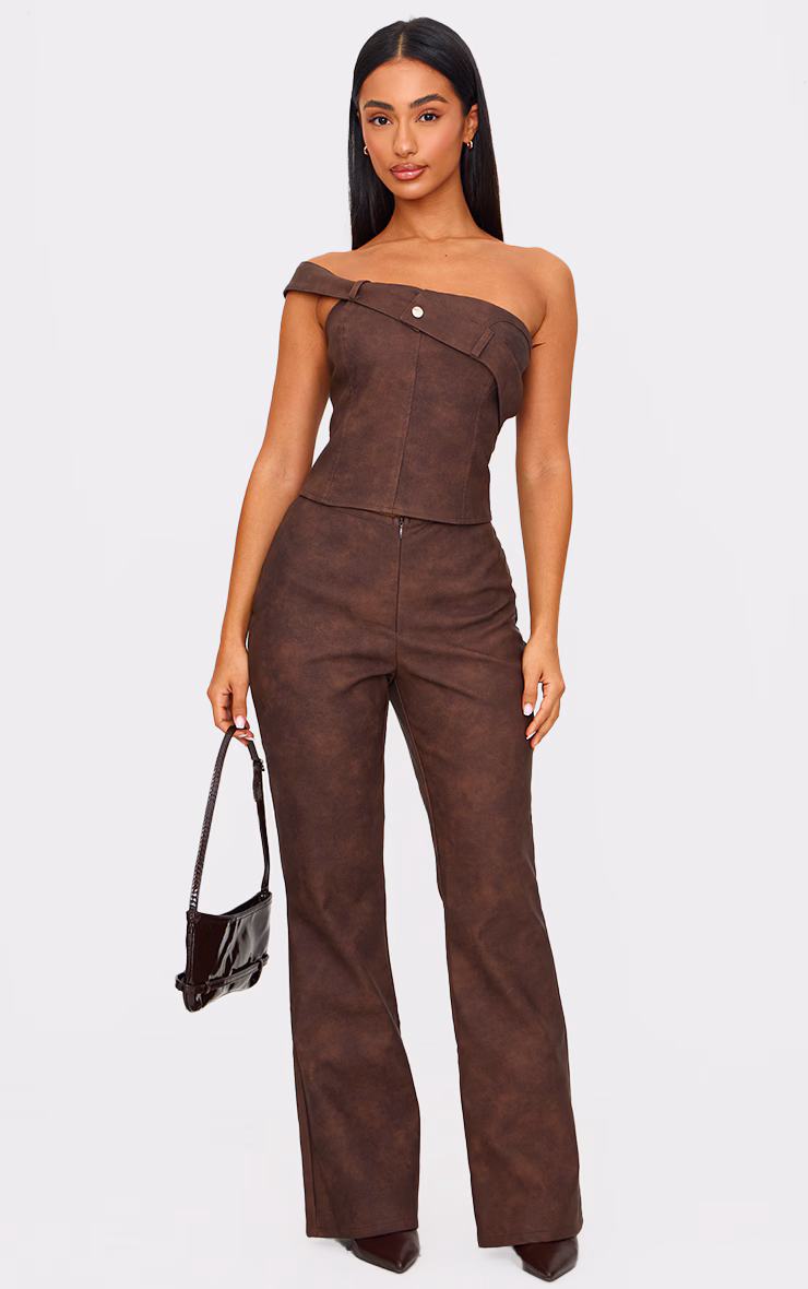 Petite Chocolate Faux Leather Zip Front Flared Pants
