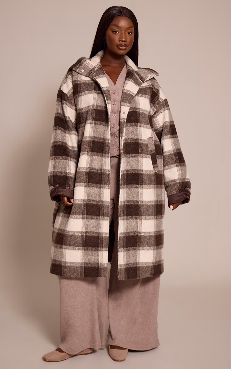 Plus Brown Checked Structured Double Breasted Wool Look Maxi Coat