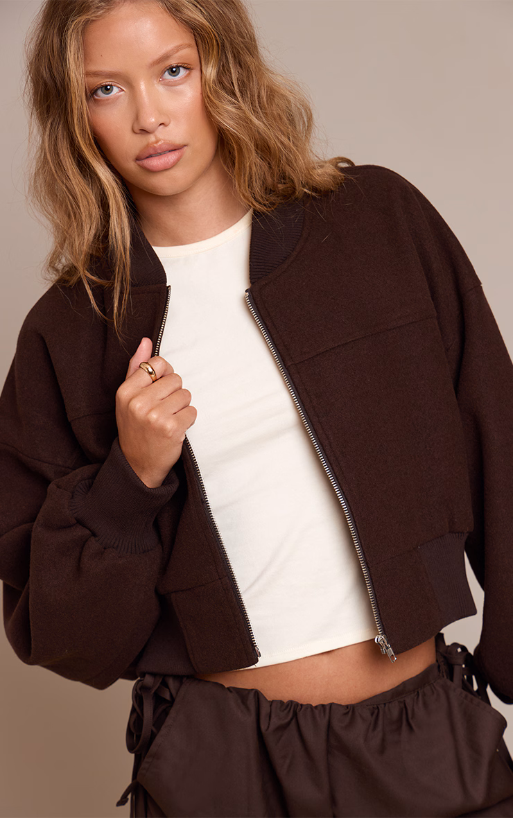 Chocolate Ruched Sleeve Cropped Bomber Jacket
