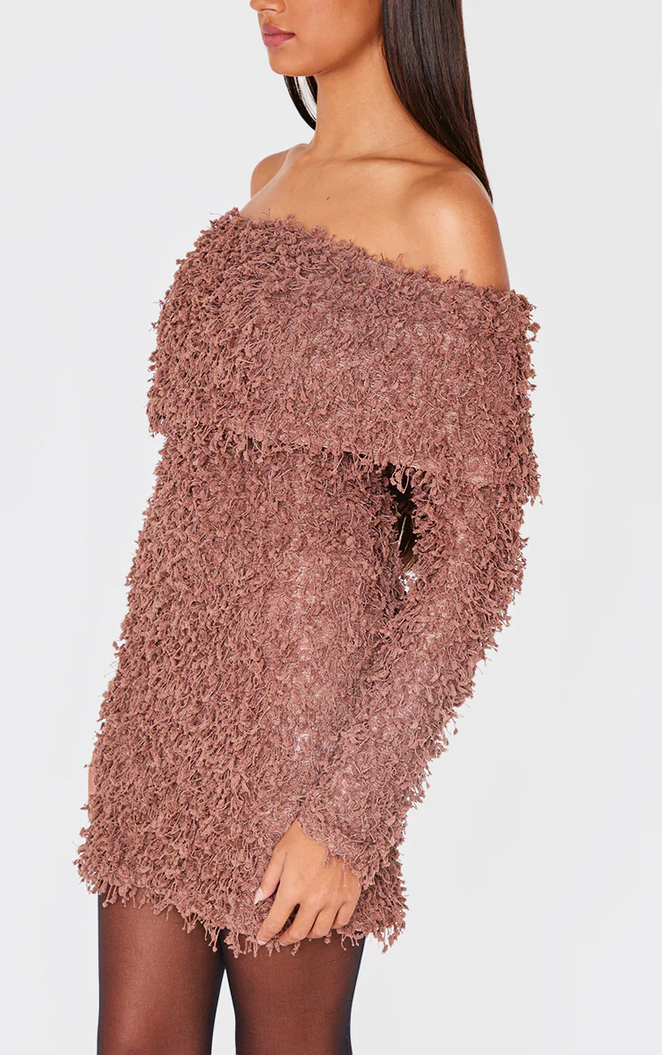 Mocha Textured Long Sleeve Fold Over Bardot Mini Dress