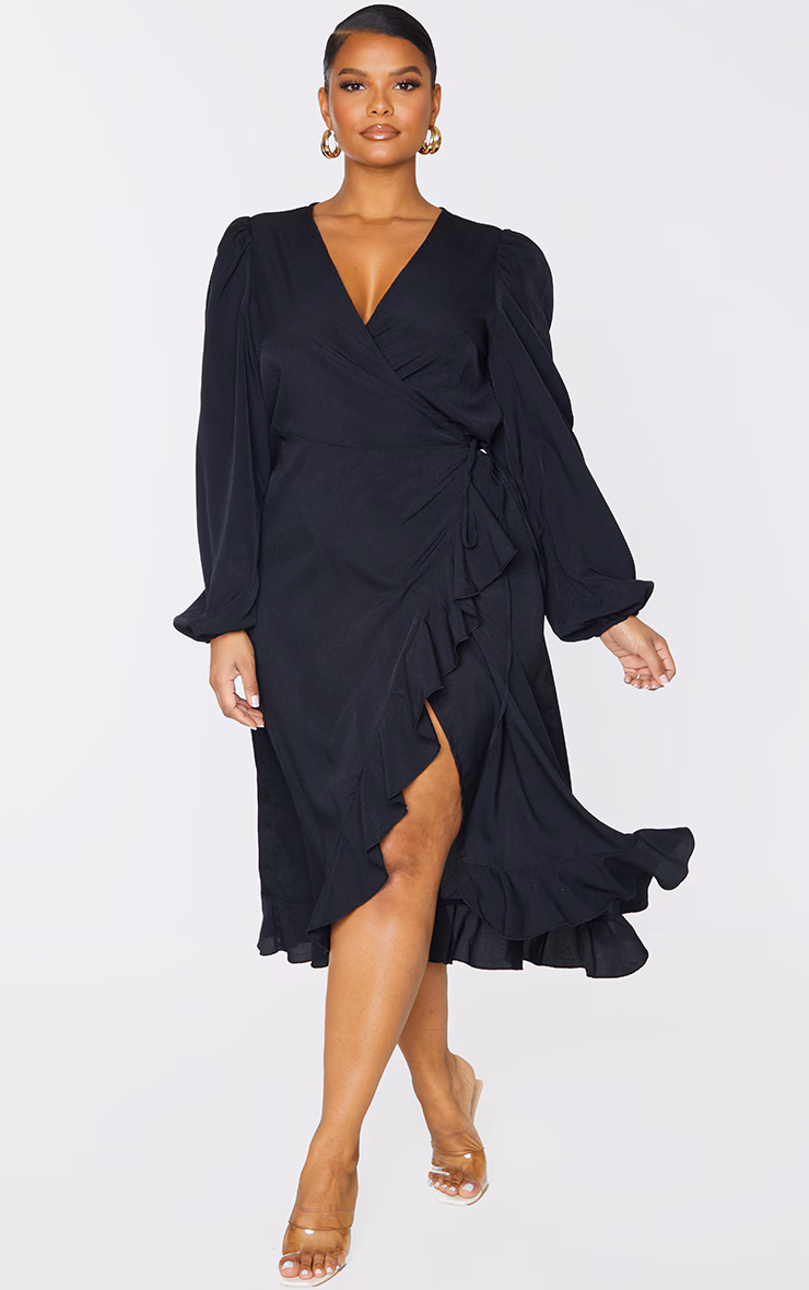 Plus Black Ruffle Wrap Front Midi Dress