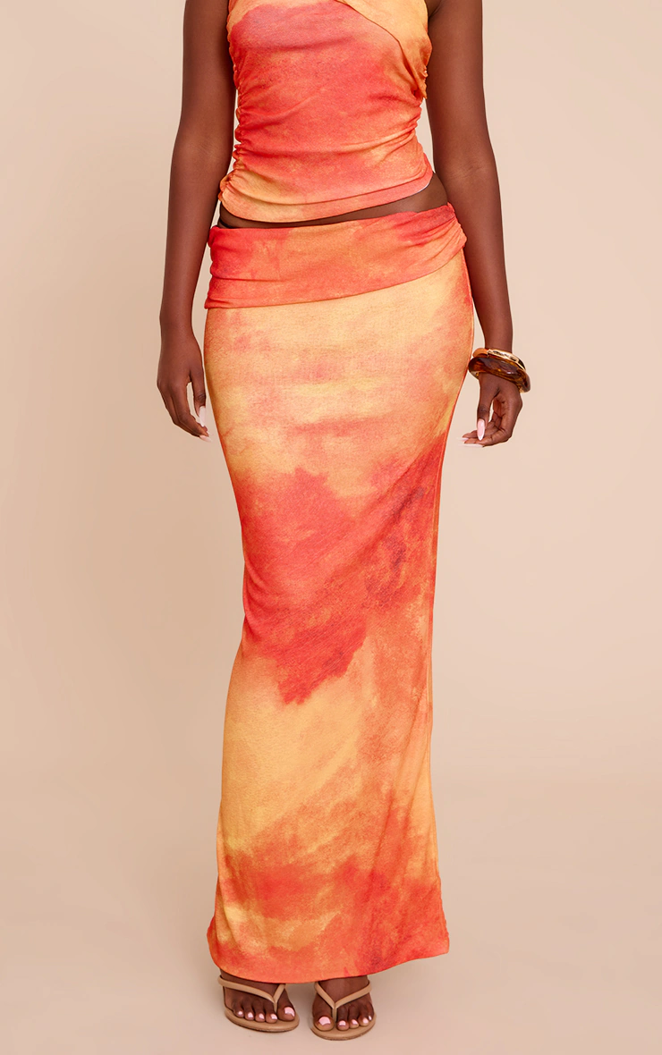 Orange Abstract Print Onion Skin Low Waist Maxi Skirt
