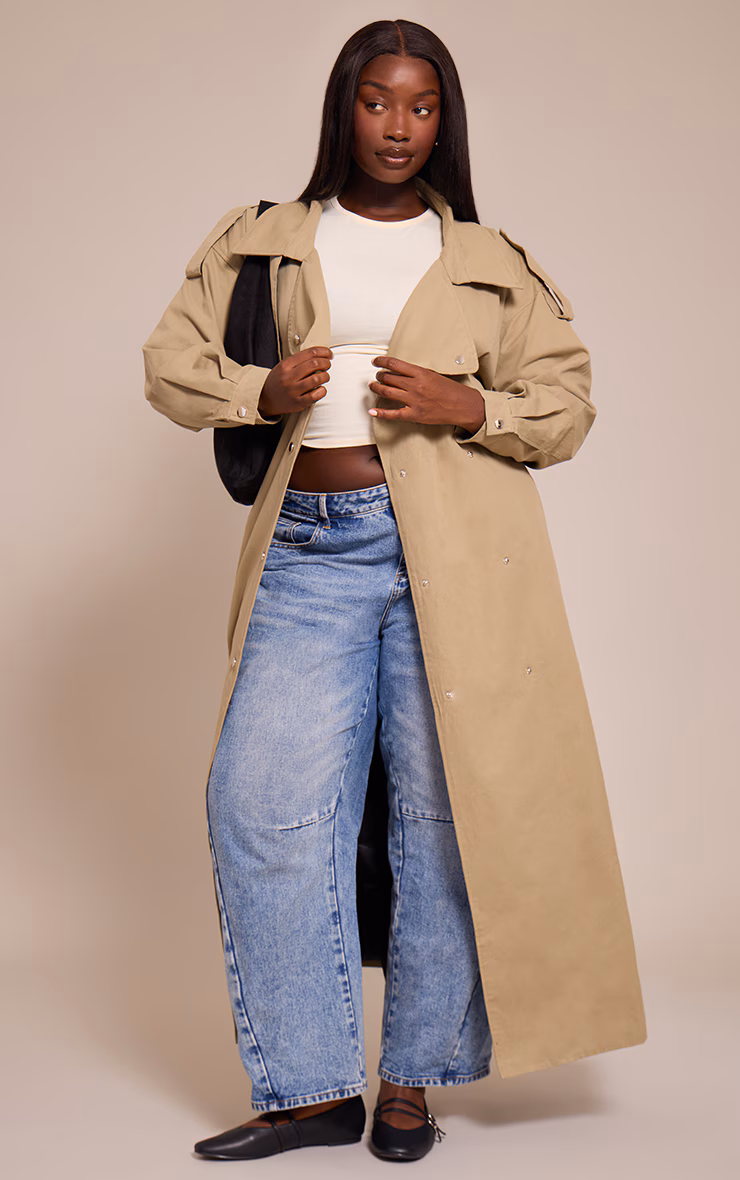 Plus Light Khaki Popper Detail Trench Coat