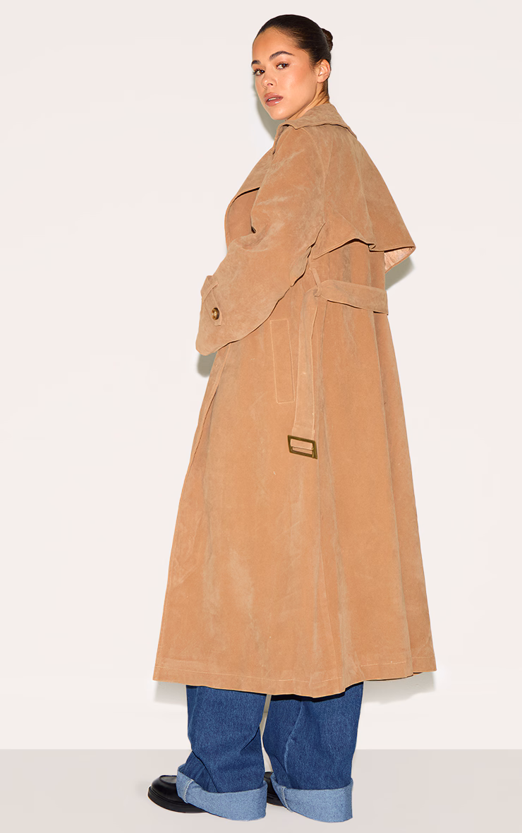 Tan Faux Suede Buckle Belt Trench Coat