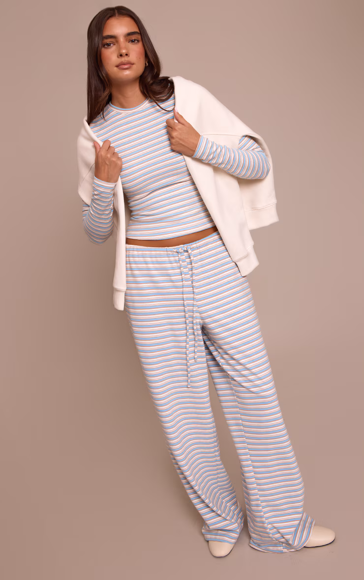 Light Blue Striped Soft Fleece Straight Leg Sweatpants