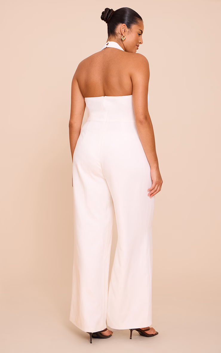 Plus Cream Premium Woven Halterneck Straight Leg Jumpsuit