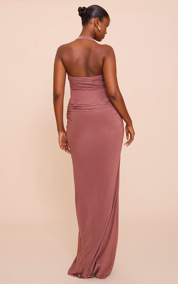 Mauve Double Layer Slinky Square Halterneck Drape Detail Maxi Dress