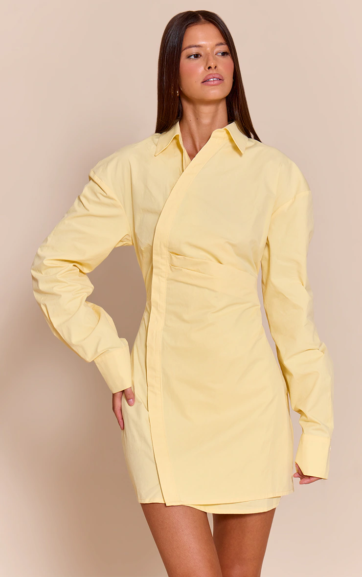 Lemon Asymmetric Button Down Long Sleeve Shirt Dress