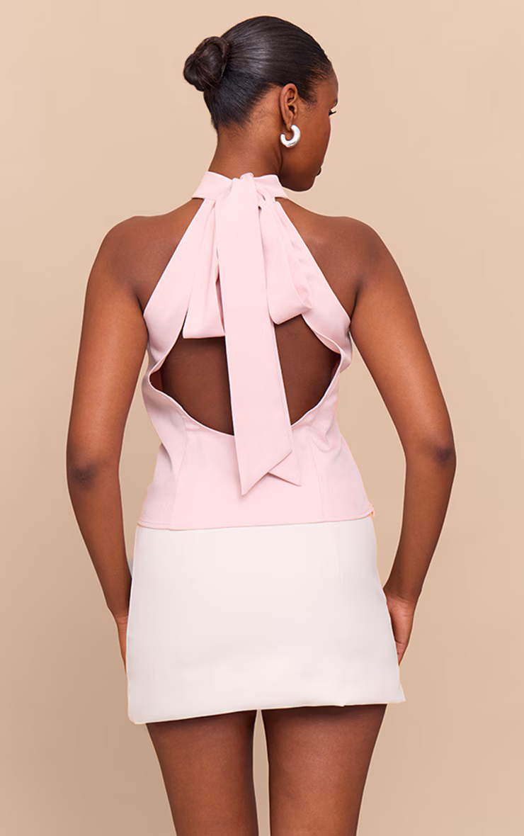 Pale Pink Woven High Neck Tie Detail Top