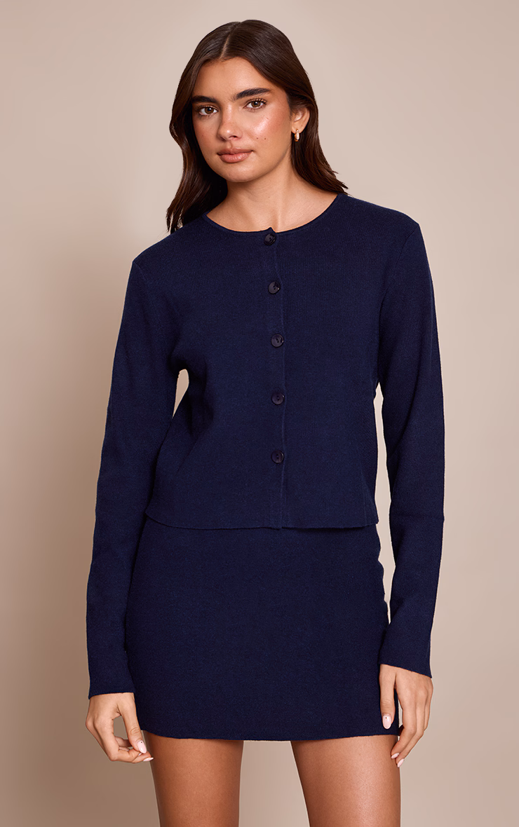 Navy Compact Knit Collarless Cardigan