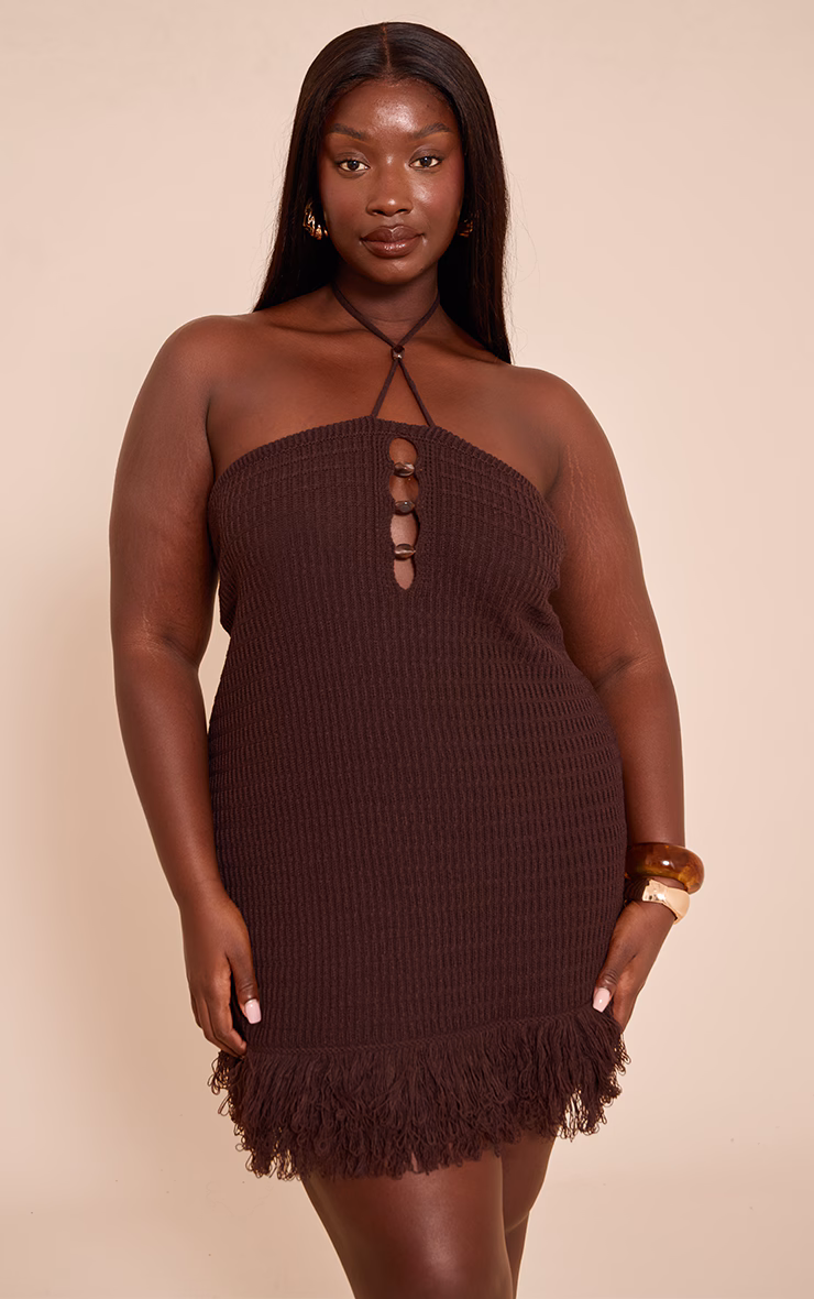 Plus Chocolate Knitted Halterneck Bead Detail Fringe Mini Dress