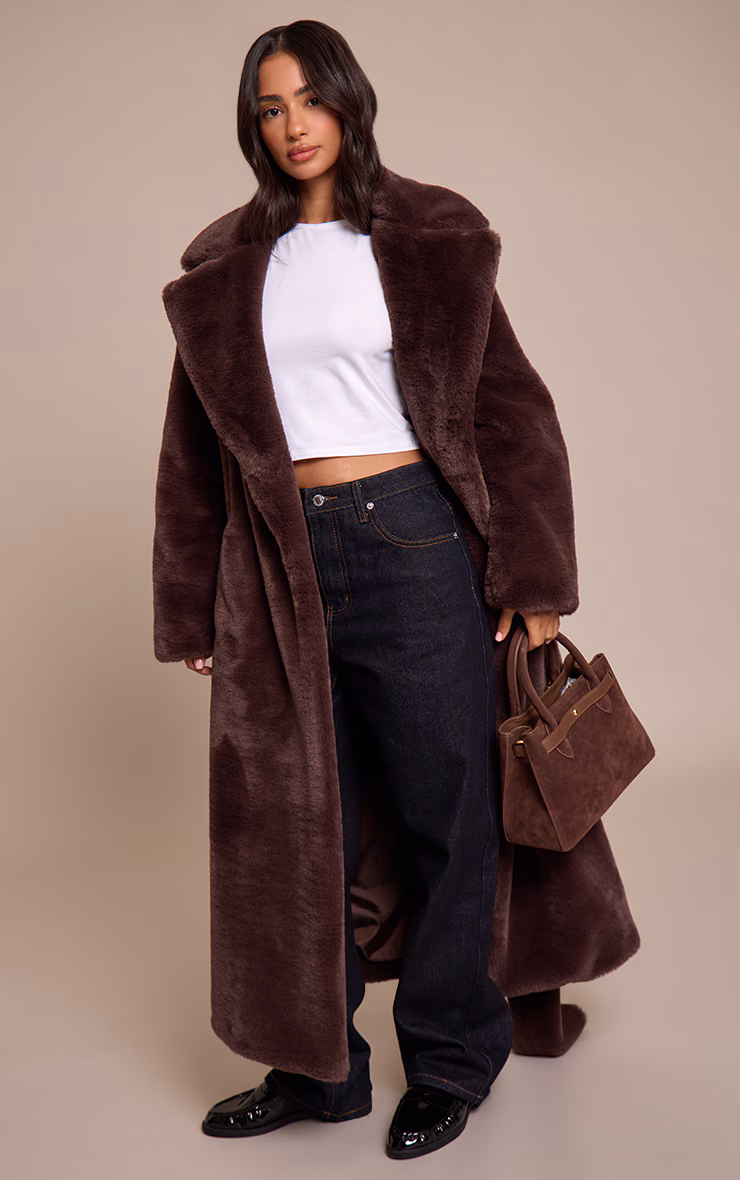 Petite Chocolate Faux Fur Tie Waist Maxi Coat