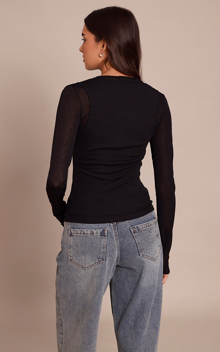 Black Burnout Mesh Overlay Detail Long Sleeve Top