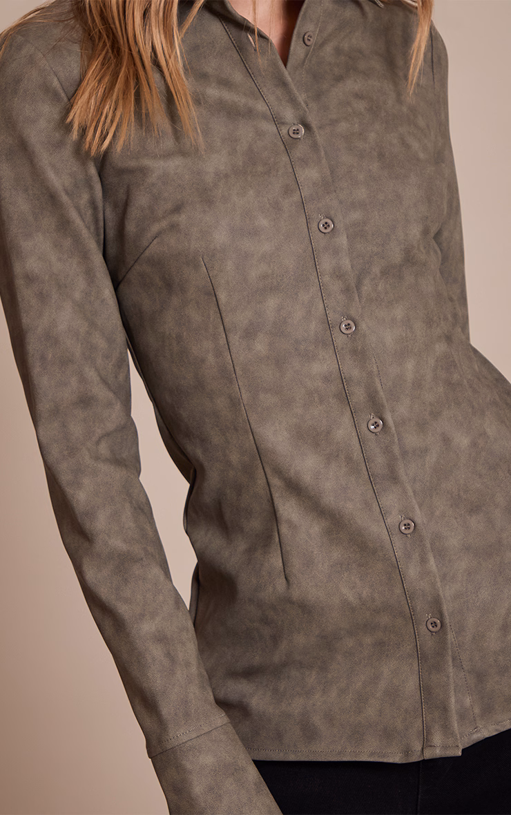 Olive Textured Faux Leather Fitted Shirt