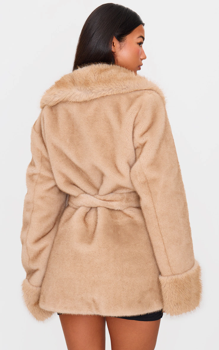 Mushroom Plush Faux Fur Self Tie Coat