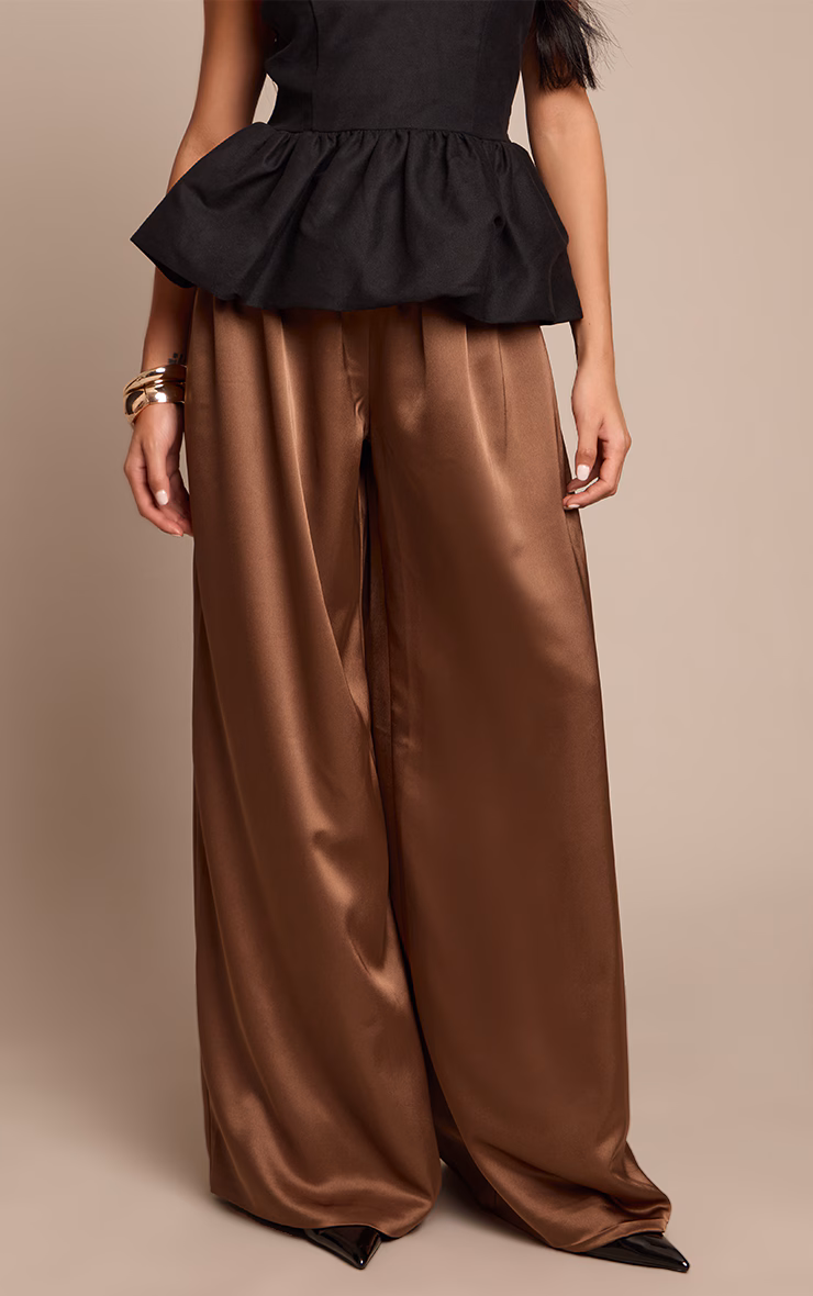 Mushroom Satin Pleated Wide Leg Pants