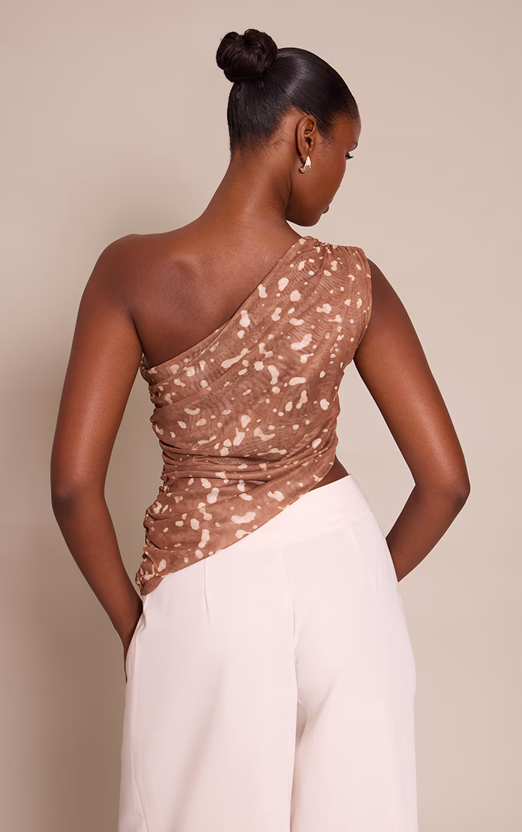 Printed Mesh Asymmetric One Shoulder Top
