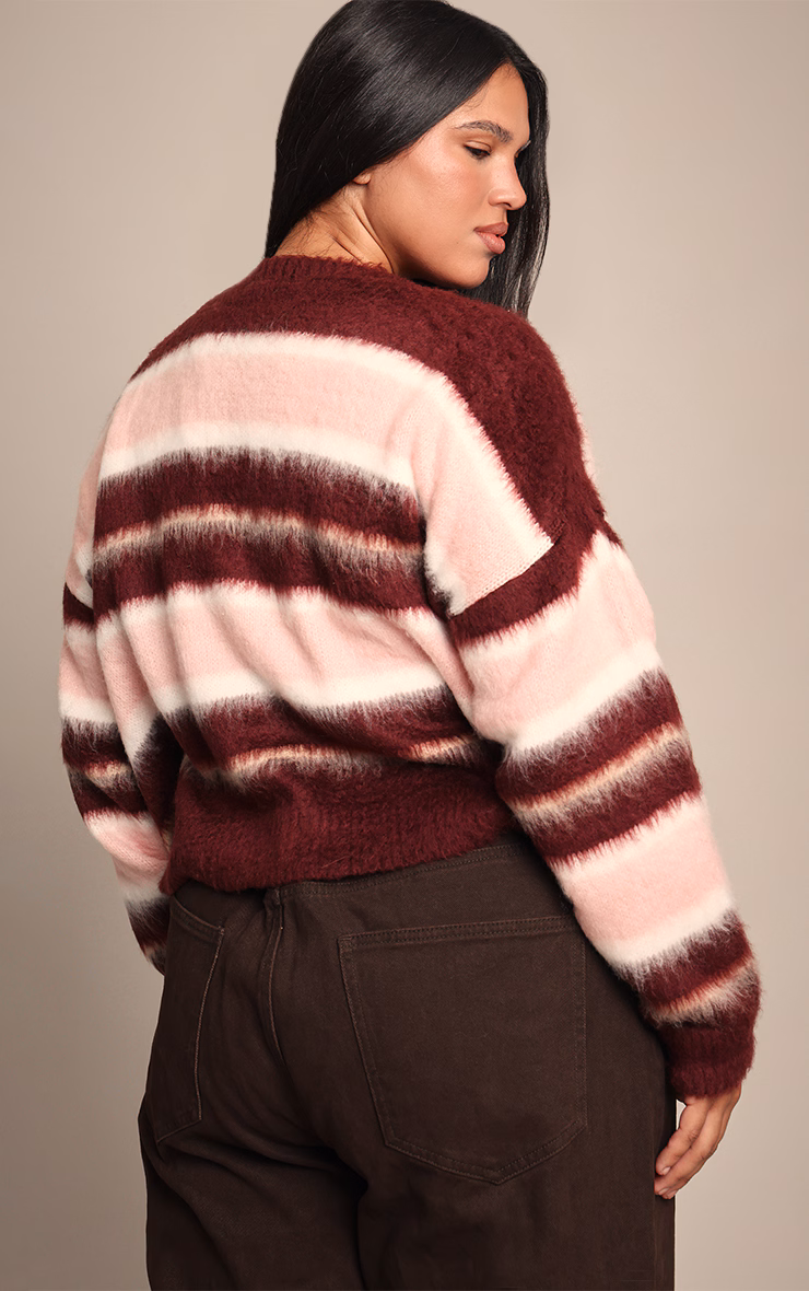 Plus Burgundy Striped Brushed Knit Cardigan