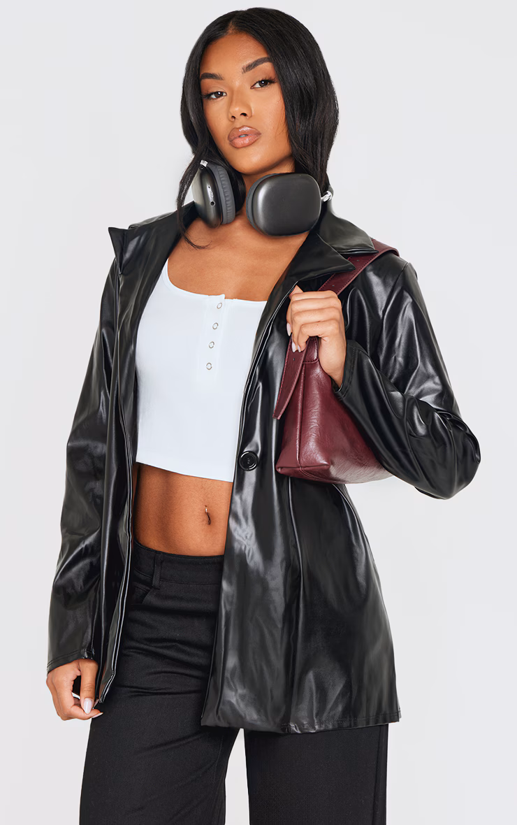 Black Longline Lapel Detail Faux Leather Blazer