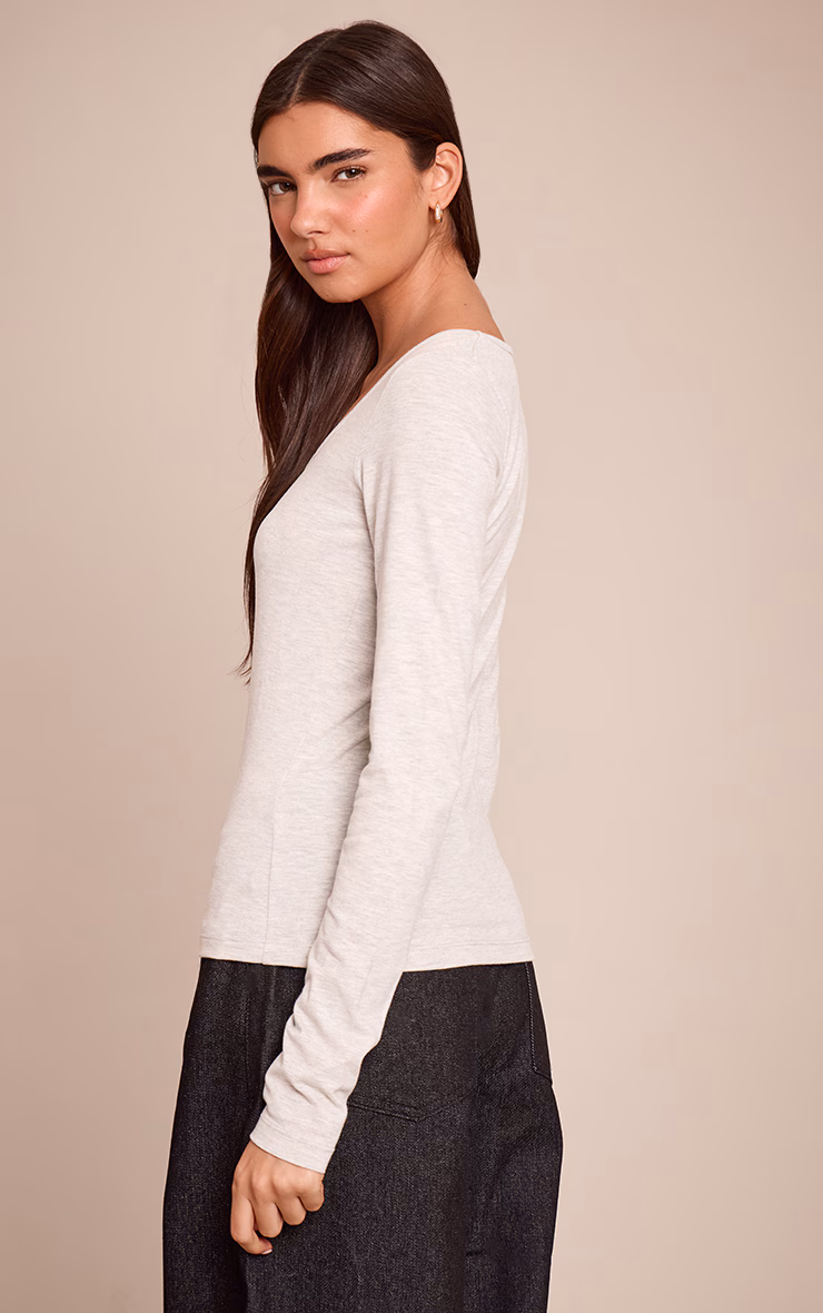 Grey Marl Soft Cotton Scoop Neck Long Sleeve Top