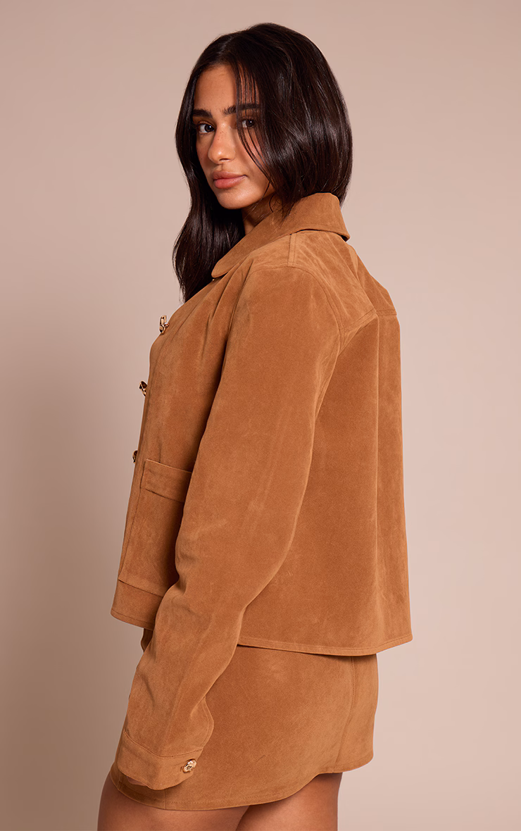 Petite Tan Suede Button Up Boxy Jacket