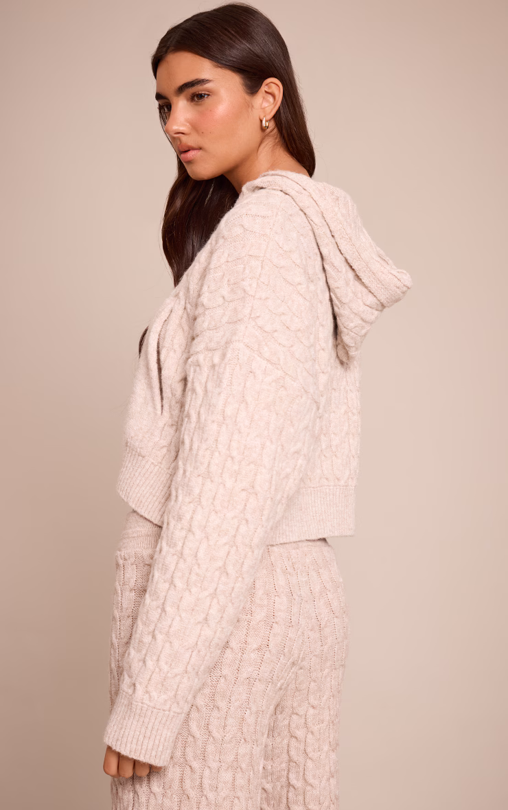 Oatmeal Cable Knit Cropped Hoodie
