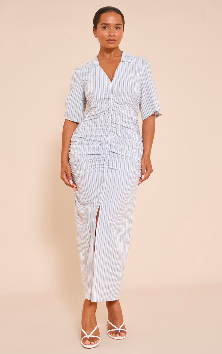 Shape white Striped Ruched Front Collared Split Front Maxi Dress