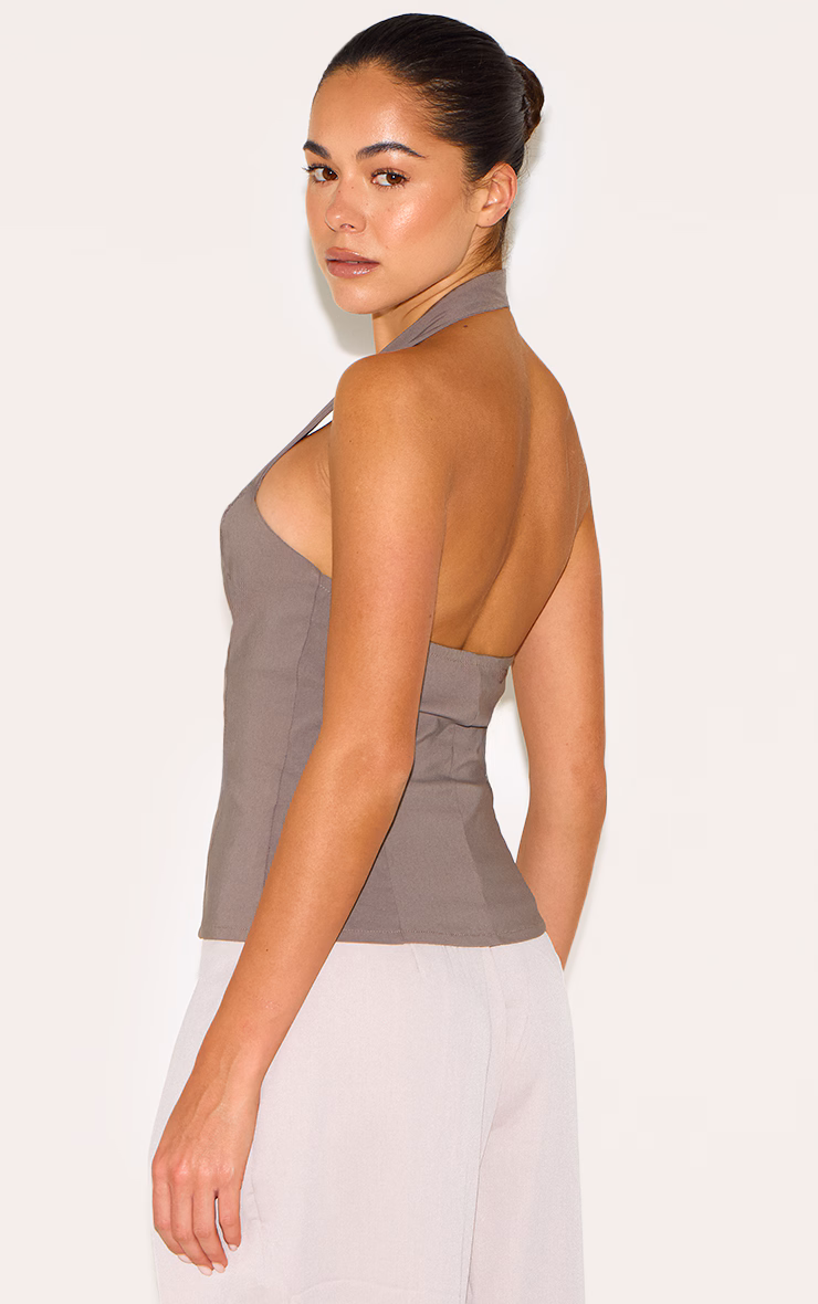 Mushroom Bengaline Button Up Halterneck Long Top