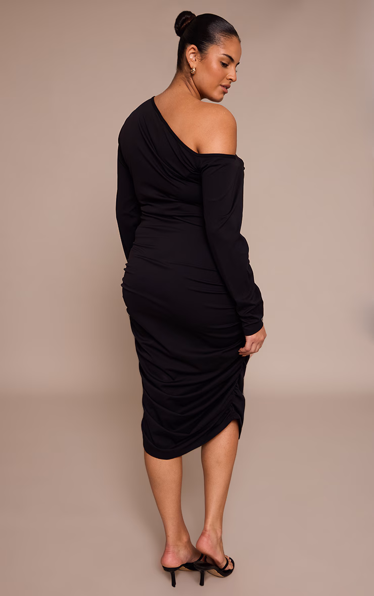 Plus Black Sculpt Off Shoulder Ruched Midi Dress