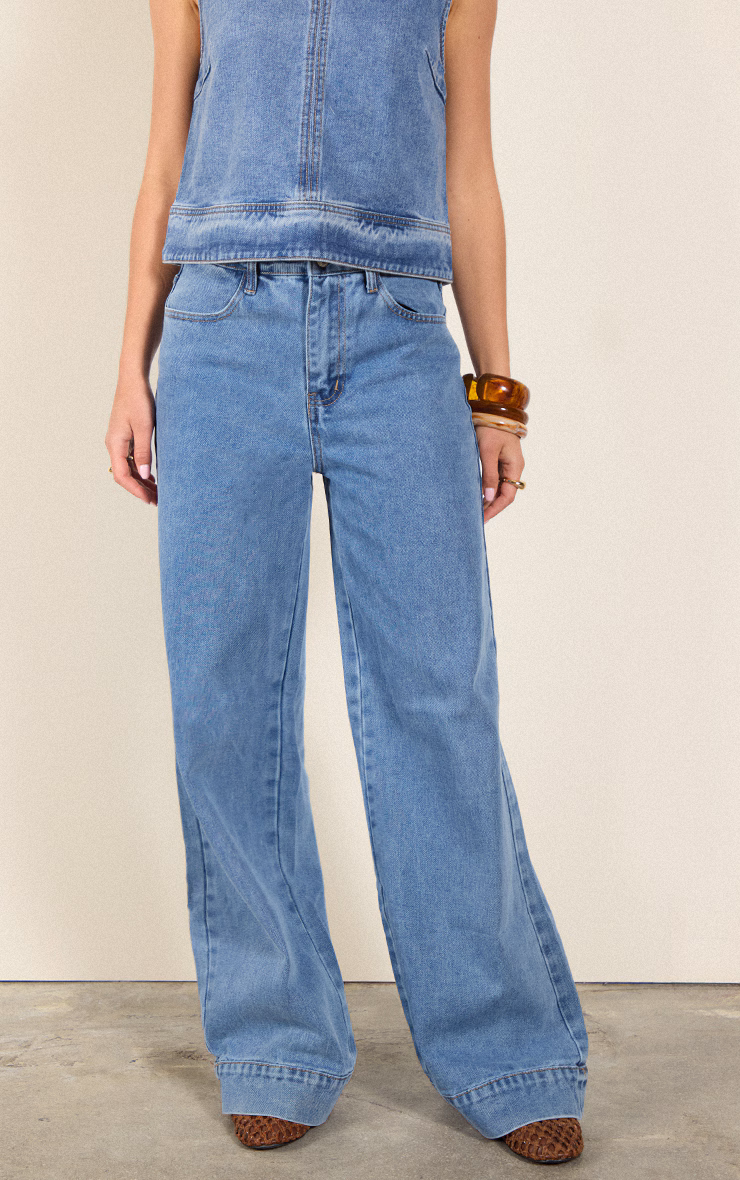 Mid Blue Wash Seam Detail Wide Leg Jeans
