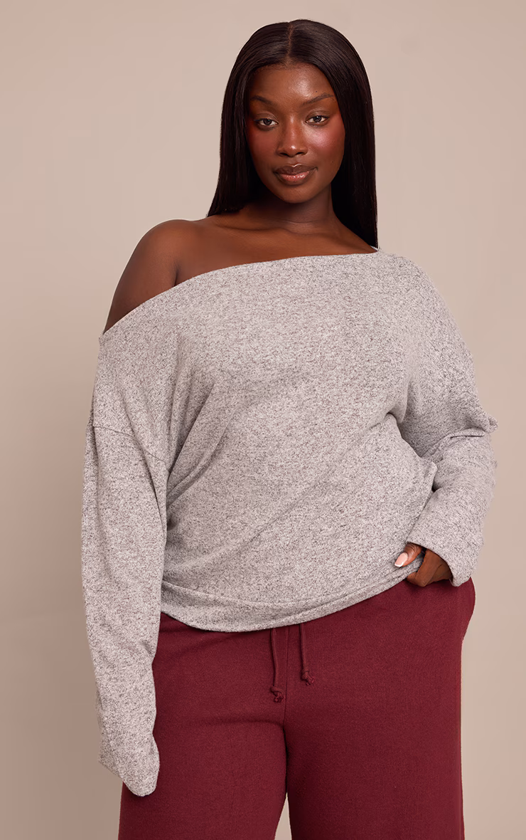 Plus Grey Marl Soft Knit Asymmetric Oversized Slouchy Long Sleeve Top