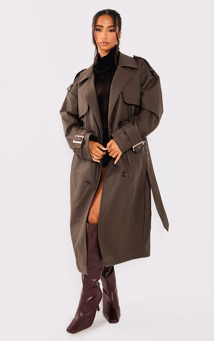 Petite Chocolate Faux Leather Buckle Trench Coat
