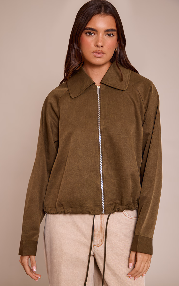 Khaki Utility Style Draw Cord Bomber Jacket