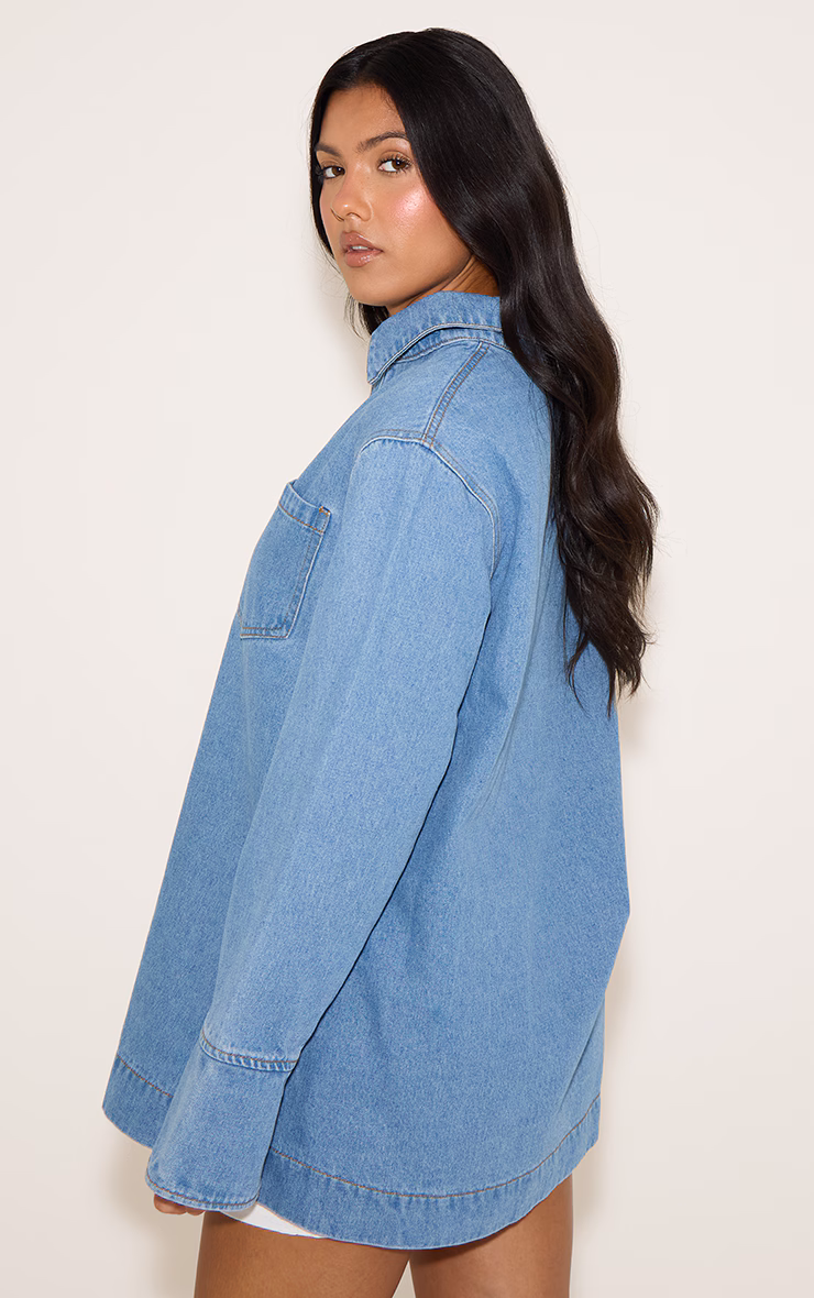Mid Blue Oversized Denim Rugby Style Shirt