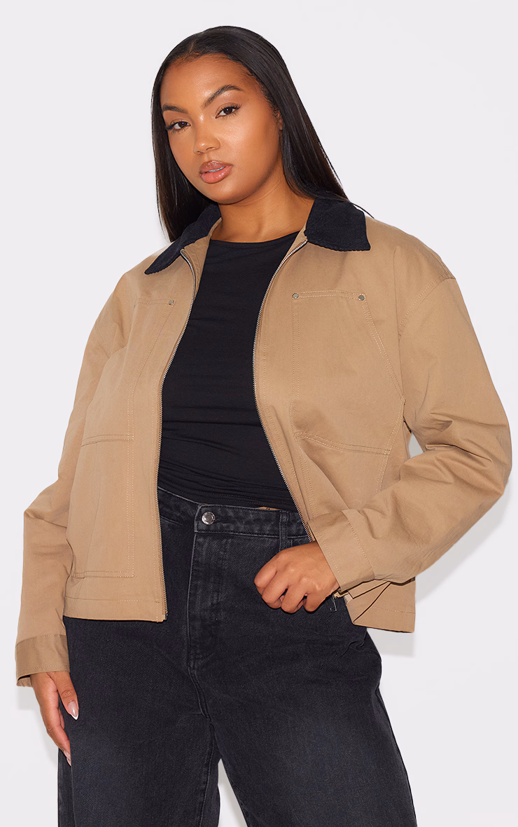 Plus Beige Contrast Collar Pocket Detail Trucker Jacket