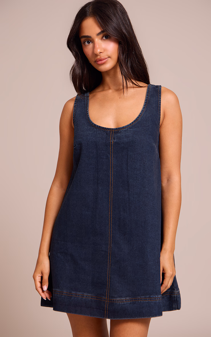 Petite Indigo Denim Sleveless A-line Mini Dress
