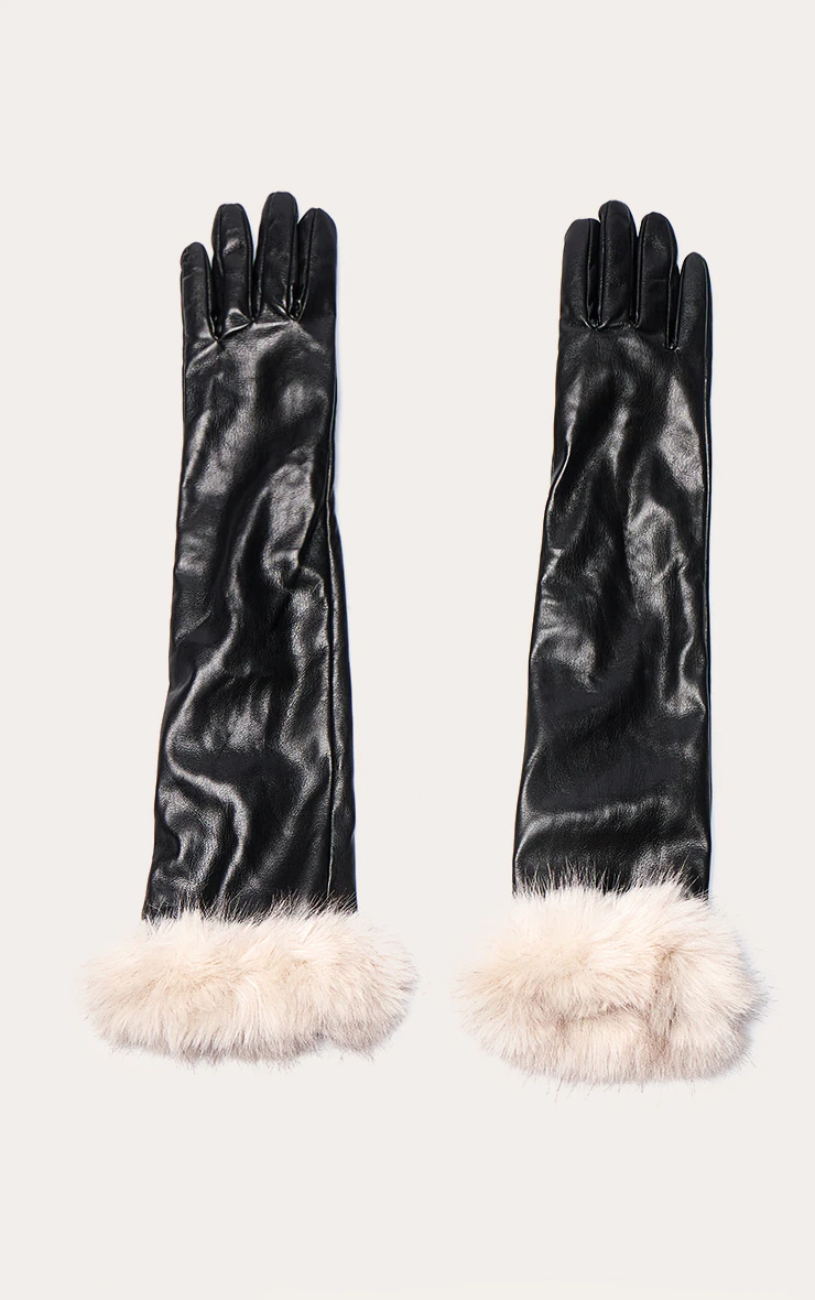 Black Contrast Full Length Fur Trim Gloves