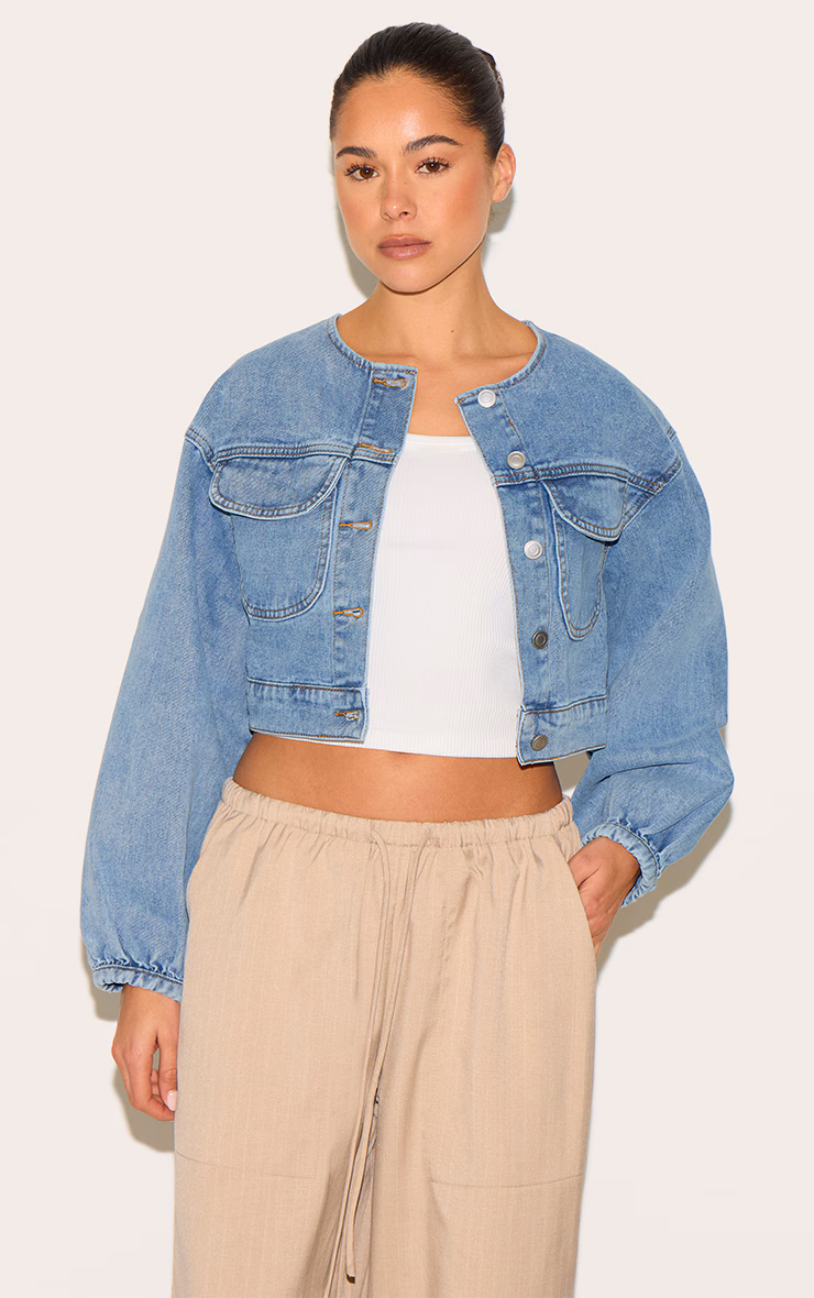 Mid Blue Wash Round Neck Crop Denim Jacket