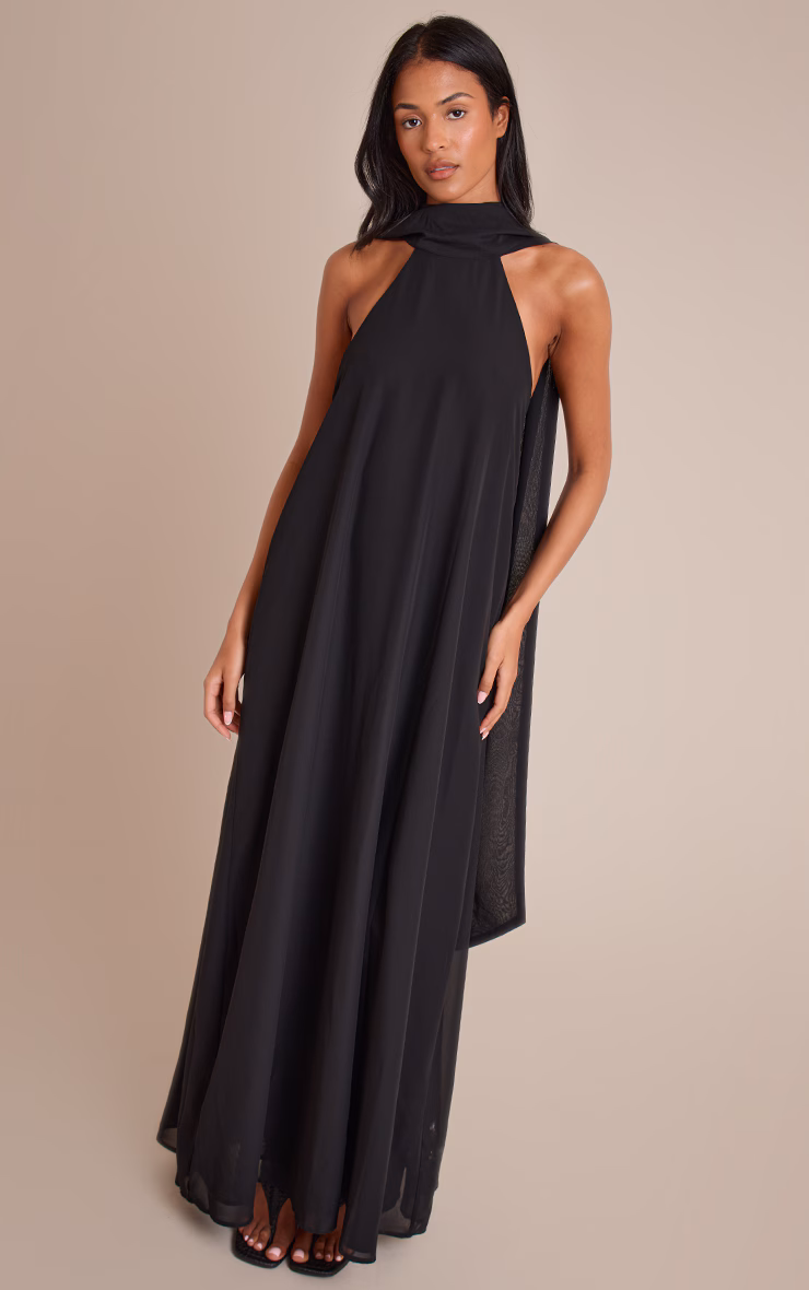 Tall Black Chiffon High Neck Scarf Detail Maxi Dress