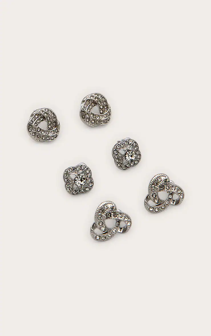 Silver Diamante Knotted Stud Earrings Multi Pack