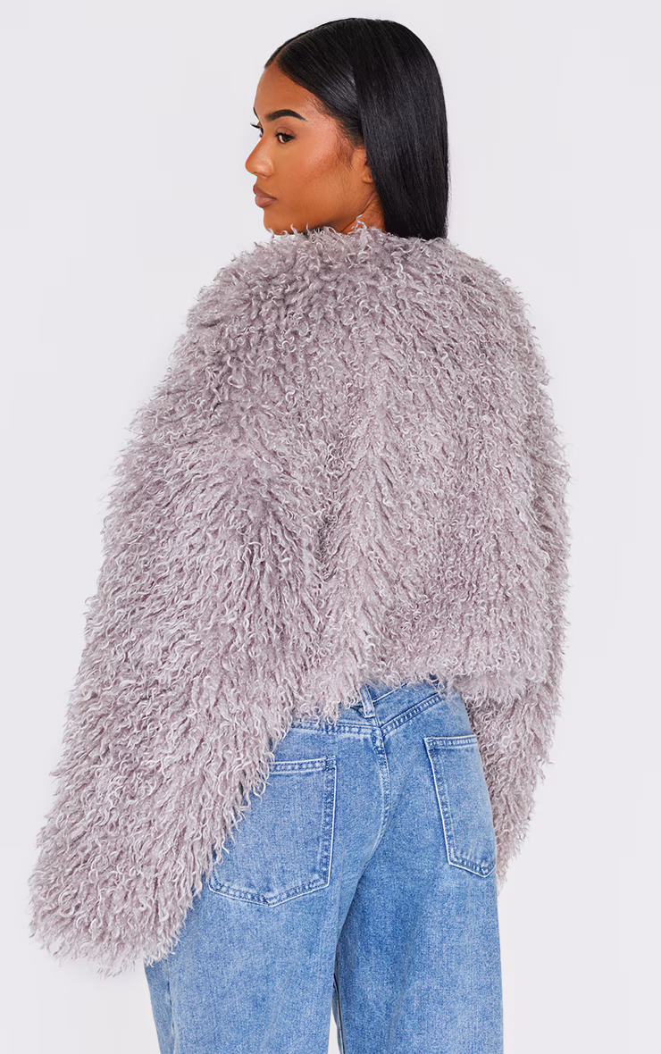 Grey Cropped Faux Fur Style Coat