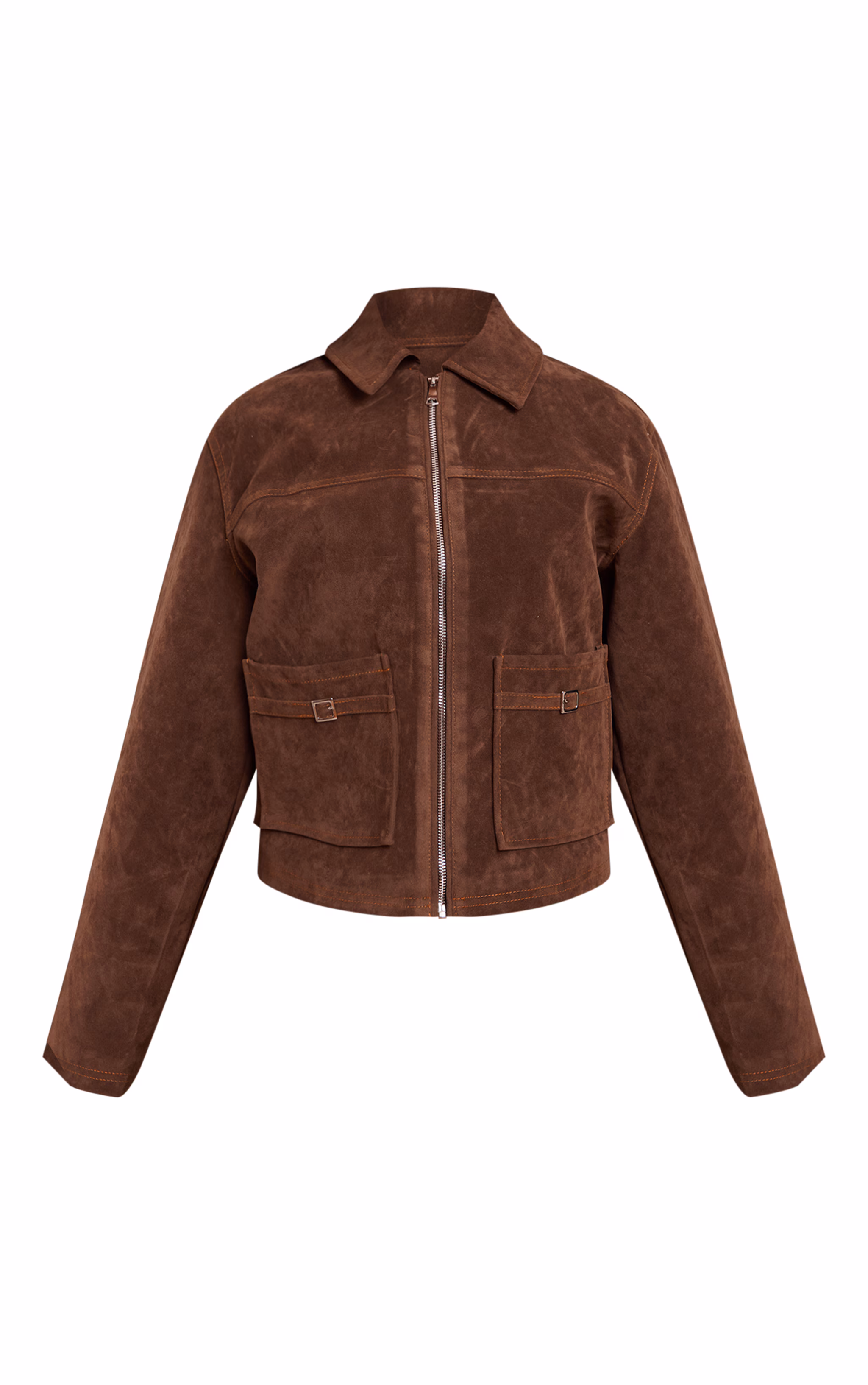 Petite Chocolate Brown Pocket Detail Faux Suede Jacket