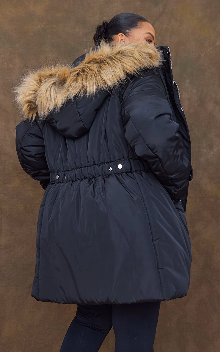 Plus Black Fur Hood Elasticated Waist Longline Parka Coat